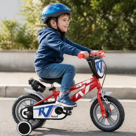 Bicicletta per Bambini 12" Rosso Rocket Rotelle Borraccia Trombetta