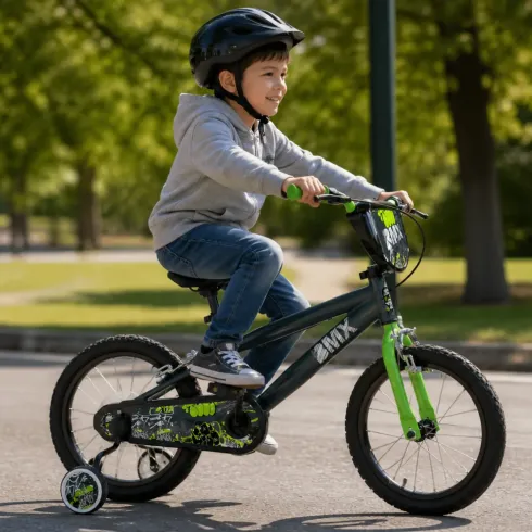 Bicicletta per Bambini 16" Verde BMX con Rotelle e Freni Caliper