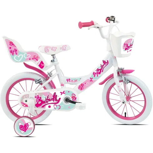 Bicicletta Bambini 16" Bianco Rotelle Removibili Seggiolino Cestino
