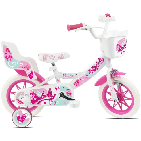 Bicicletta Bambini 12" Bianco Rotelle Removibili Seggiolino Cestino