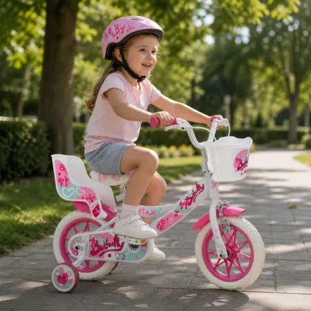 Bicicletta Bambini 12" Bianco Rotelle Removibili Seggiolino Cestino