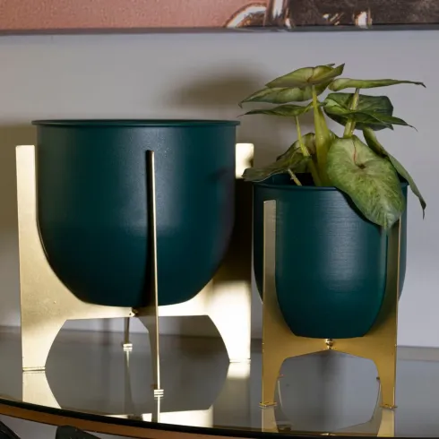 Set 2 Portavasi Bassi in Metallo Verde Oro 25-19 cm Portapiante