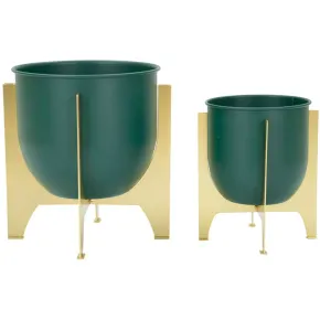 Set 2 Portavasi Bassi in Metallo Verde Oro 25-19 cm Portapiante