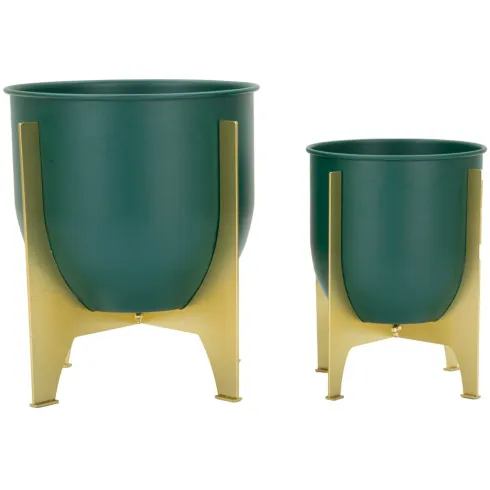 Set 2 Portavasi Bassi in Metallo Verde Oro 25-19 cm Portapiante