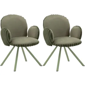 Set 2 Sedie da Pranzo Seduta Imbottita in Tessuto Verde con Braccioli
