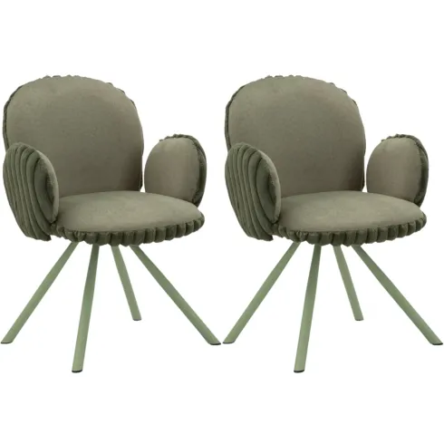 Set 2 Sedie da Pranzo Seduta Imbottita in Tessuto Verde con Braccioli