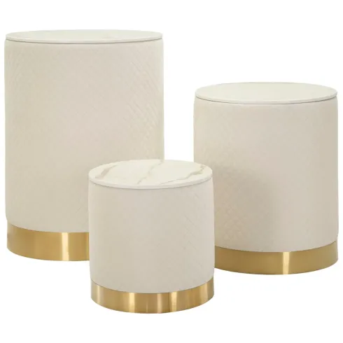 Set 3 Pouf Contenitori Crema Oro Legno Metallo da Interno Espositori