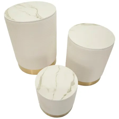 Set 3 Pouf Contenitori Crema Oro Legno Metallo da Interno Espositori