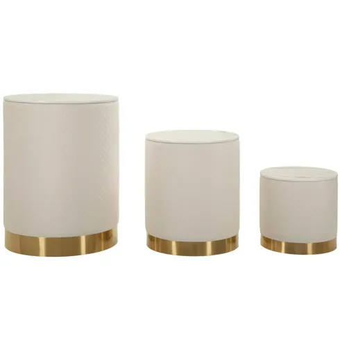Set 3 Pouf Contenitori Crema Oro Legno Metallo da Interno Espositori