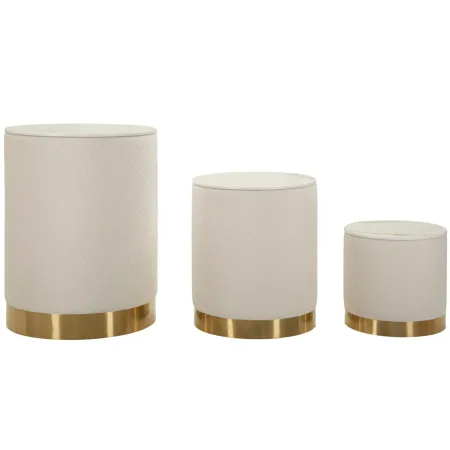 Set 3 Pouf Contenitori Crema Oro Legno Metallo da Interno Espositori