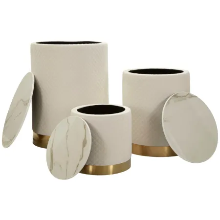 Set 3 Pouf Contenitori Crema Oro Legno Metallo da Interno Espositori