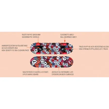 Skateboard 60x15 Scheletri Multistrato Acero 9 Strati Ruote Rosse PVC