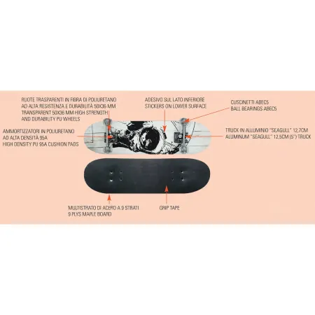 Skateboard 79x20 Scheletro Bianco Acero 9 Strati Truck Alluminio ABEC5