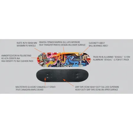 Skateboard 79x20 Acero 7 Strati con Cuscinetti ABEC7 Street Graffiti