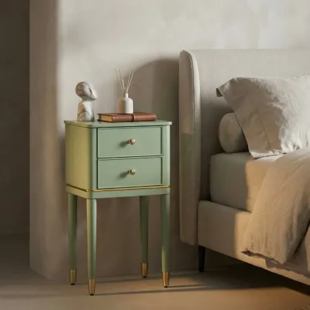 Comodino Camera da Letto 2 Cassetti in Legno Ferro Verde Oro