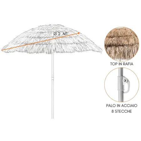 Ombrellone da Spiaggia in Rafia 2x2 m Inclinabile con Copertura