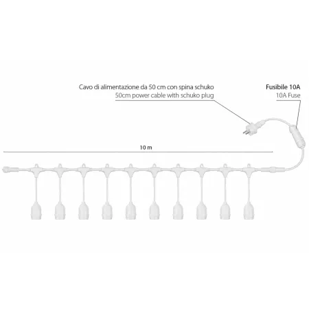 Luci per Gazebo Ombrellone 10m con 10 Portalampade E27 Bianco Esterno
