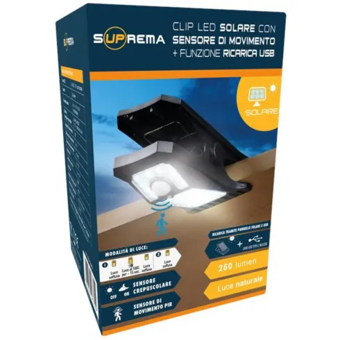 Proiettore Solare con Clip LED 250 Lumen Sensore Movimento Segnapasso