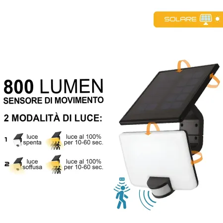 Proiettore Solare LED 8W con Pannello Orientabile Sensore Movimento