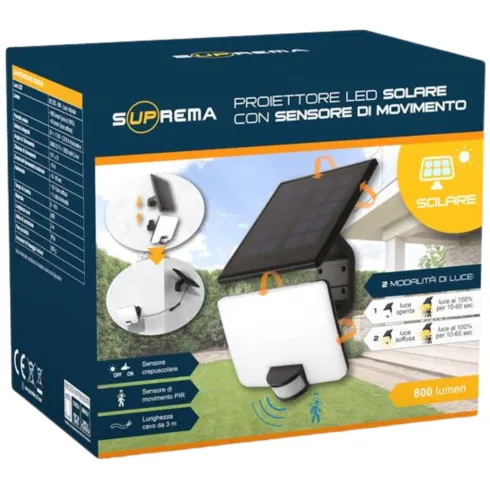 Proiettore Solare LED 8W con Pannello Orientabile Sensore Movimento