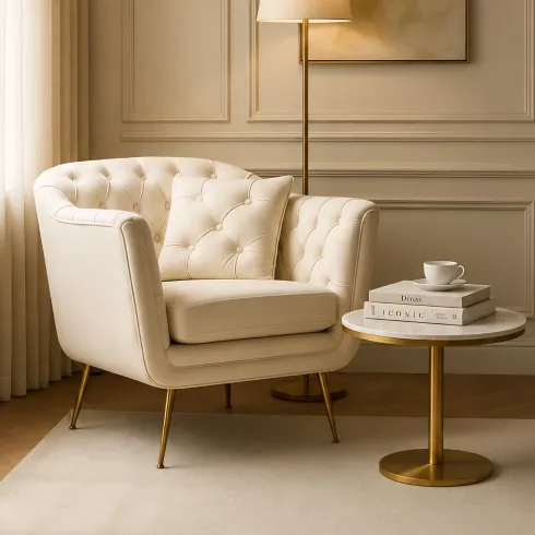 Poltrona Imbottita in Spugna Crema con Cuscino Gambe in Metallo