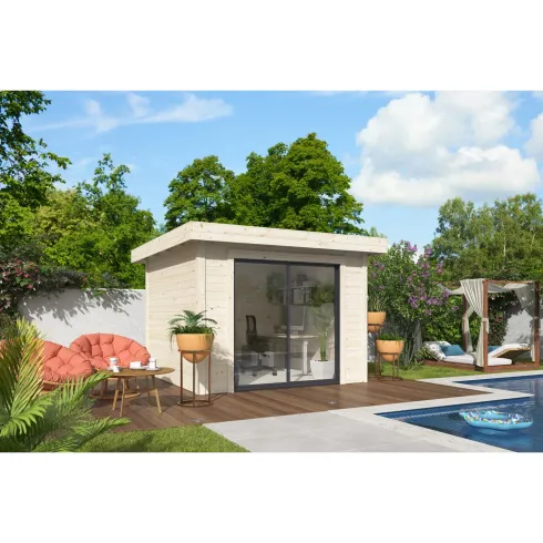 Casetta da Giardino in Legno 28 mm 285x291 cm Porta a Vetro Scorrevole