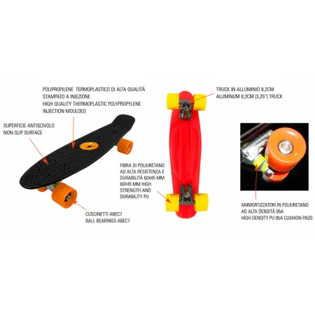 Skateboard 57x15 Rosso con Cuscinetti ABEC7 in Polipropilene