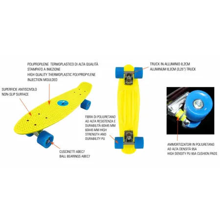 Skateboard 57x15 Giallo con Cuscinetti ABEC7 in Polipropilene