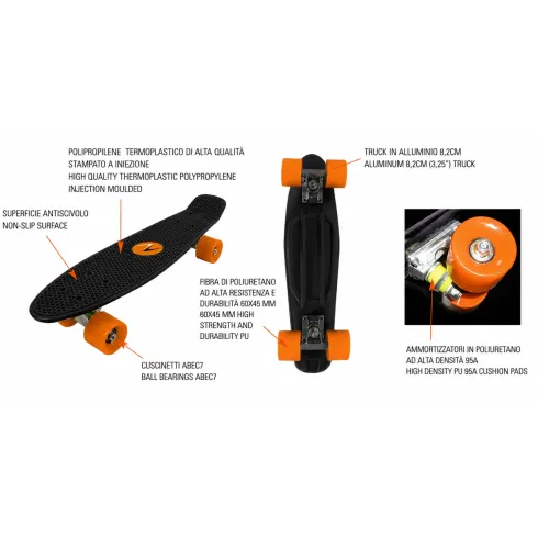 Skateboard 57x15 Nero con Cuscinetti ABEC7 in Polipropilene
