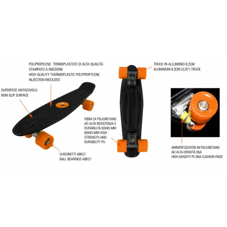 Skateboard 57x15 Nero con Cuscinetti ABEC7 in Polipropilene