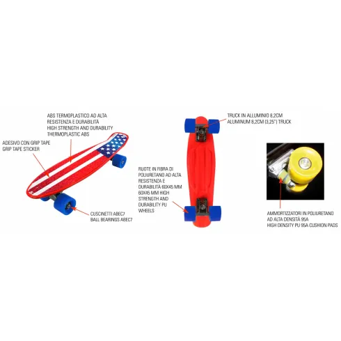 Skateboard 57x15 Bandiera USA ABS Termoplastico con Cuscinetti ABEC7