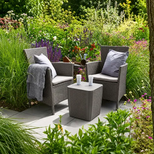 Salottino da Giardino 2 Posti Sabbia con Tavolino Contenitore Rattan