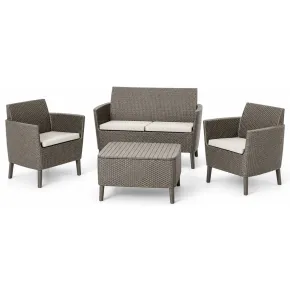 Salottino da Giardino 4 Posti Rattan Cappuccino con Cuscini e Tavolo