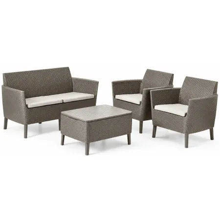 Salottino da Giardino 4 Posti Rattan Cappuccino con Cuscini e Tavolo