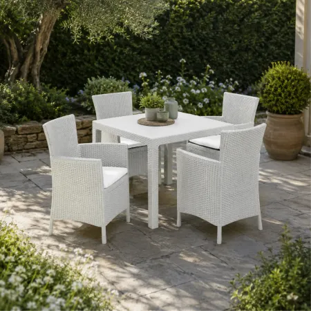 Poltrona da Giardino Terrazzo Bianco in Resina Rattan con Cuscino Grigio