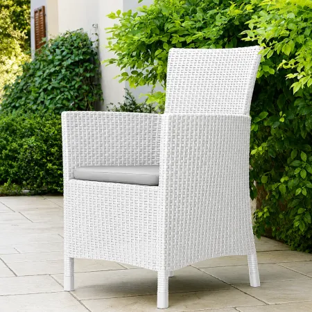 Poltrona da Giardino Terrazzo Bianco in Resina Rattan con Cuscino Grigio