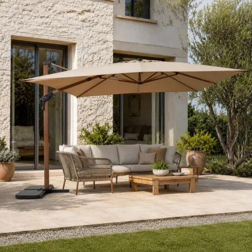 Ombrellone per Giardino 4x4 m Palo Decentrato Legno Beige Antivento