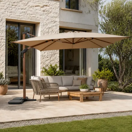 Ombrellone per Giardino 4x4 m Palo Decentrato Legno Beige Antivento