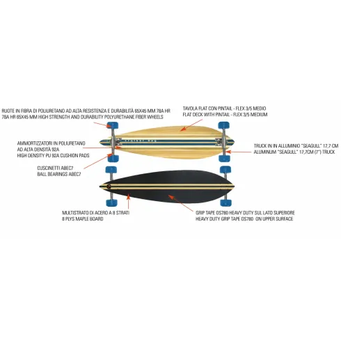 Longboard 96x24 Acero 8 Strati Skateboard Pintail Cuscinetti ABEC 7