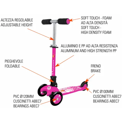 Monopattino a 3 Ruote Bambini Principessa Fucsia Altezza Regolabile