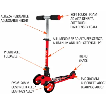 Monopattino a 3 Ruote Bambini Grand Prix Rosso Altezza Regolabile