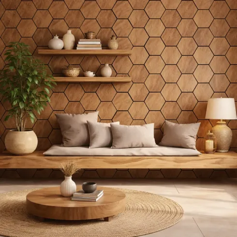 Set 12 Pannelli Acustici Esagonali MDF Feltro PET 76x62 Effetto Rovere