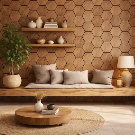 Set 12 Pannelli Acustici Esagonali MDF Feltro PET 76x62 Effetto Rovere