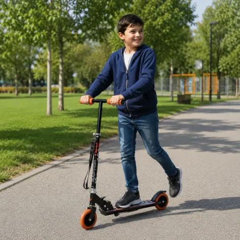 Monopattino Bambini 2 Ruote Pieghevole Nero Arancio Altezza Regolabile