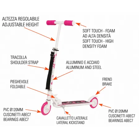 Monopattino Bambini 2 Ruote Pieghevole Bianco Fucsia Altezza Regolabile
