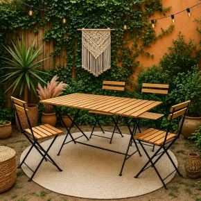 Set Tavolo da Giardino 55x110 cm con 4 Sedie Metallo Nero Legno 2