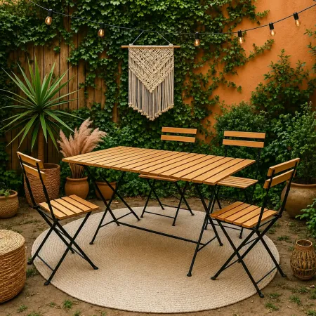 Set Tavolo da Giardino 55x110 cm con 4 Sedie Metallo Nero Legno