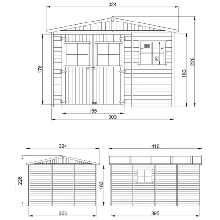 Casetta da Giardino 3x4 m Legno 17 mm Tetto OSB Doppia Porta Finestre