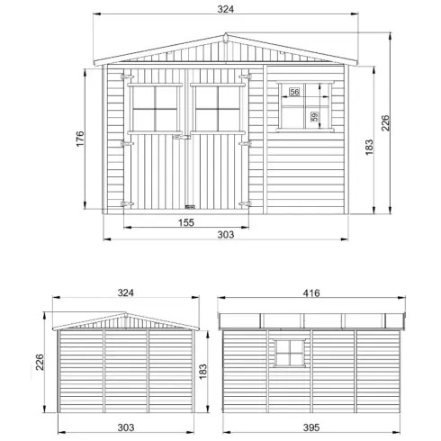 Casetta da Giardino 3x4 m Legno 17 mm Pavimento Doppia Porta Finestre