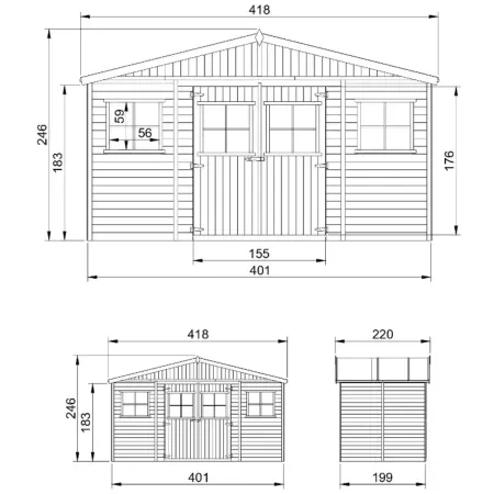 Casetta da Giardino 4x2 m Legno 17 mm Pavimento Doppia Porta Finestre